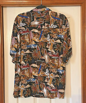 Large MONTAGE COLLECTION Men's Short Sleeve Hawaiian Surfboard Shirt Brown